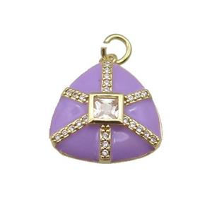 copper triangle pendant paved zircon, purple enamel, gold plated, approx 17.5mm [FN27613]