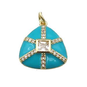 copper triangle pendant paved zircon, teal enamel, gold plated, approx 17.5mm [FN27615]