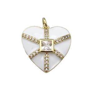 copper heart pendant paved zircon, white enamel, gold plated, approx 19mm [FN27617]
