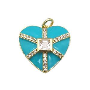 copper heart pendant paved zircon, teal enamel, gold plated, approx 19mm [FN27618]
