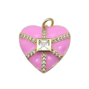 copper heart pendant paved zircon, pink enamel, gold plated, approx 19mm [FN27619]