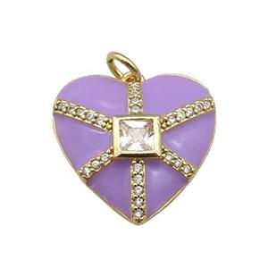 copper heart pendant paved zircon, purple enamel, gold plated, approx 19mm [FN27620]