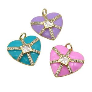 copper heart pendant paved zircon, enamel, gold plated, mixed, approx 19mm [FN27622]