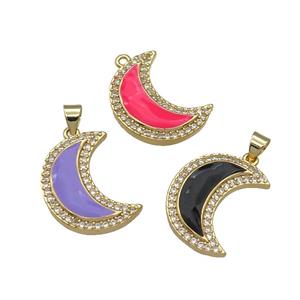 copper Moon pendant paved zircon with enamel, gold plated, mixed, approx 18-21mm [FN27695]