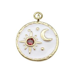 copper Circle pendant paved zircon with white enamel, moon, sun, gold plated, approx 18mm dia [FN27696]