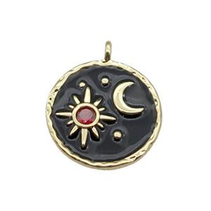 copper Circle pendant paved zircon with black enamel, moon, sun, gold plated, approx 18mm dia [FN27697]