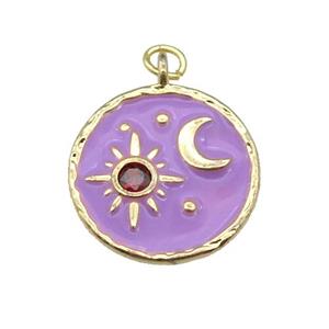 copper Circle pendant paved zircon with lavender enamel, moon, sun, gold plated, approx 18mm dia [FN27698]