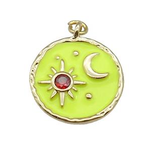 copper Circle pendant paved zircon with yellow enamel, moon, sun, gold plated, approx 18mm dia [FN27700]