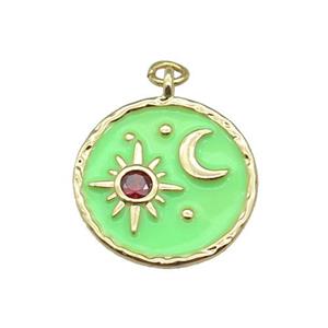 copper Circle pendant paved zircon with green enamel, moon, sun, gold plated, approx 18mm dia [FN27701]