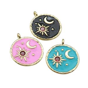 copper Circle pendant paved zircon with enamel, moon, sun, gold plated, mixed, approx 18mm dia [FN27703]