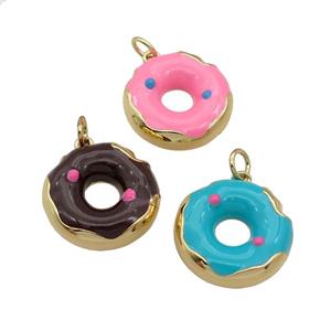 copper Donut charm pendant with enamel, gold plated, mixed, approx 18mm dia [FN27716]