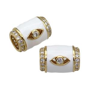 copper Tube beads paved zircon with white enamel, eye, gold plated, approx 12-17mm, 6mm hole [FN27768]
