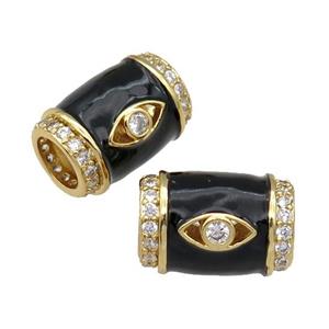 copper Tube beads paved zircon with black enamel, eye, gold plated, approx 12-17mm, 6mm hole [FN27769]