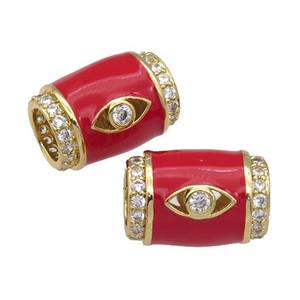 copper Tube beads paved zircon with red enamel, eye, gold plated, approx 12-17mm, 6mm hole [FN27770]