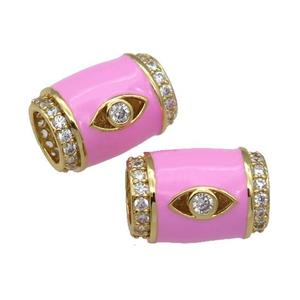 copper Tube beads paved zircon with pink enamel, eye, gold plated, approx 12-17mm, 6mm hole [FN27772]