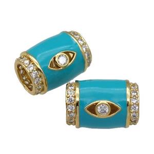 copper Tube beads paved zircon with teal enamel, eye, gold plated, approx 12-17mm, 6mm hole [FN27773]