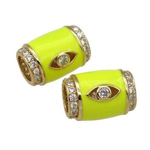 copper Tube beads paved zircon with yellow enamel, eye, gold plated, approx 12-17mm, 6mm hole [FN27774]