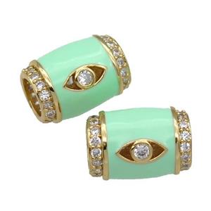 copper Tube beads paved zircon with green enamel, eye, gold plated, approx 12-17mm, 6mm hole [FN27775]