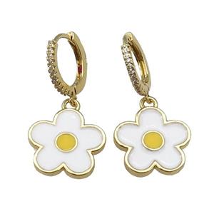 copper Hoop Earring paved zircon, white enamel daisy flower, gold plated, approx 15.5mm, 14mm dia [FN27779]