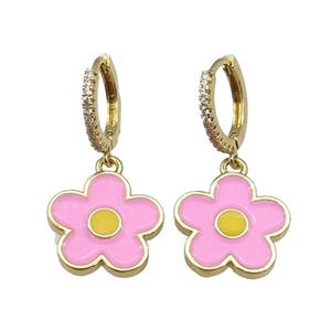 copper Hoop Earring paved zircon, pink enamel daisy flower, gold plated, approx 15.5mm, 14mm dia [FN27780]