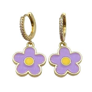 copper Hoop Earring paved zircon, lavender enamel daisy flower, gold plated, approx 15.5mm, 14mm dia [FN27781]