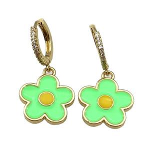 copper Hoop Earring paved zircon, green enamel daisy flower, gold plated, approx 15.5mm, 14mm dia [FN27782]