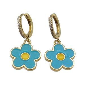 copper Hoop Earring paved zircon, teal enamel daisy flower, gold plated, approx 15.5mm, 14mm dia [FN27783]