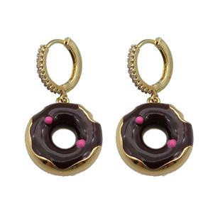 copper Hoop Earring paved zircon with black enamel donut, gold plated, approx 18mm, 14mm dia [FN27785]