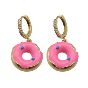 copper Hoop Earring paved zircon with pink enamel donut, gold plated, approx 18mm, 14mm dia [FN27786]