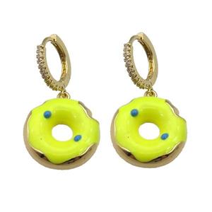 copper Hoop Earring paved zircon with yellow enamel donut, gold plated, approx 18mm, 14mm dia [FN27787]