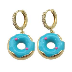 copper Hoop Earring paved zircon with teal enamel donut, gold plated, approx 18mm, 14mm dia [FN27788]