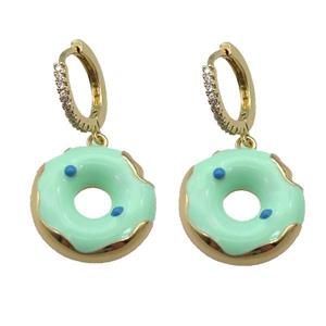 copper Hoop Earring paved zircon with green enamel donut, gold plated, approx 18mm, 14mm dia [FN27789]