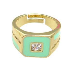 copper Ring paved zircon with green enamel, gold plated, approx 12mm, 18mm dia [FN27836]