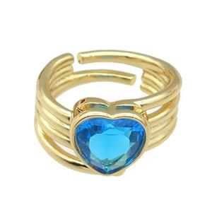 copper Ring paved zircon, blue heart, adjustable, gold plated, approx 11-13mm, 18mm dia [FN27843]
