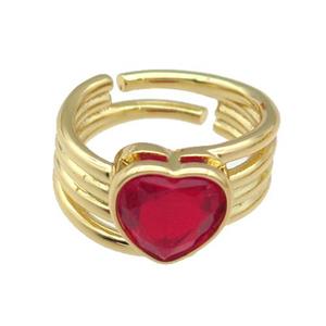 copper Ring paved zircon, red heart, gold plated, approx 11-13mm, 18mm dia [FN27845]