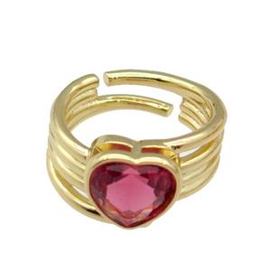 copper Ring paved zircon, red heart, gold plated, approx 11-13mm, 18mm dia [FN27846]
