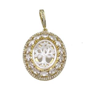 copper oval pendant paved zircon, white shell tree, gold plated, approx 28-33mm [FN27856]