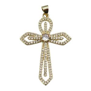 copper Cross pendant paved zircon, gold plated, approx 28-38mm [FN27871]