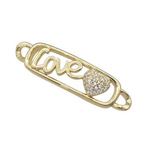 copper Heart connector paved zircon, LOVE, gold plated, approx 10-38mm [FN27878]