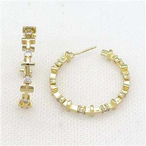 copper Stud Earrings paved zircon, cross, gold plated, approx 6mm, 36mm dia [FN27885]