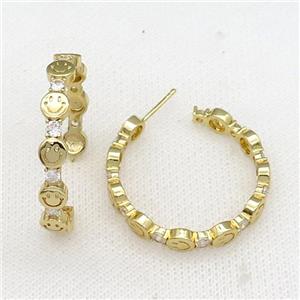 copper Stud Earrings paved zircon, smileface, gold plated, approx 5.5mm, 36mm dia [FN27886]