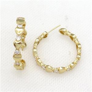 copper Stud Earrings paved zircon, heart, gold plated, approx 5.5mm, 36mm dia [FN27887]