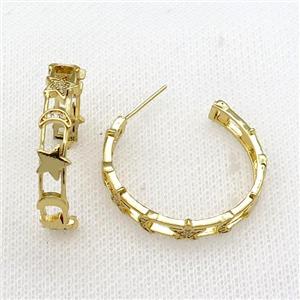 copper Stud Earrings paved zircon, star moon, gold plated, approx 6mm, 30mm dia [FN27888]
