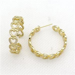 copper Stud Earrings paved zircon, heart, gold plated, approx 6.8mm, 30mm dia [FN27889]