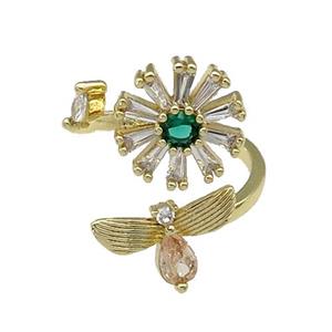 copper Ring paved zircon, flower, gold plated, approx 10-15mm, 14mm, 18mm dia [FN27891]