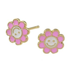 copper emoji Stud Earring with pink enamel, smileface, gold plated, approx 10mm [FN27907]