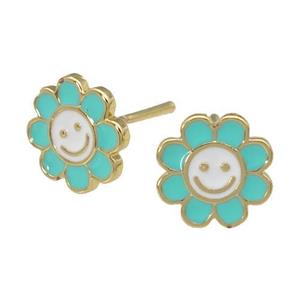 copper emoji Stud Earring with green enamel, smileface, gold plated, approx 10mm [FN27908]