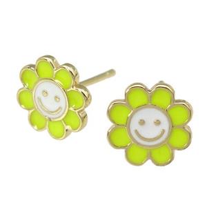 copper emoji Stud Earring with yellow enamel, smileface, gold plated, approx 10mm [FN27910]