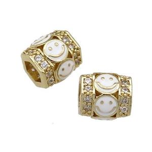 copper Tube beads paved zircon with white enamel smileface, gold plated, approx 9.5mm, 4mm hole [FN27915]