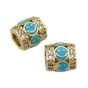 copper Tube beads paved zircon with teal enamel smileface, gold plated, approx 9.5mm, 4mm hole [FN27916]